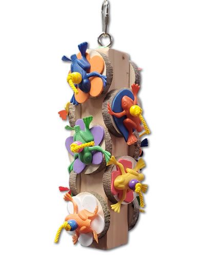Colorful Log Chew bird toy with a thick wooden base, natural wood slices, playful plastic animals, and durable poly rope.
