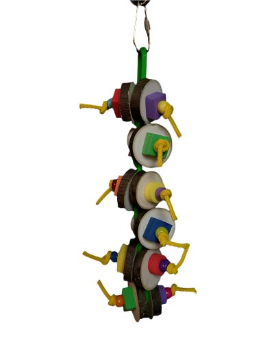 Colorful bird toy with natural wood coins, foam shapes, and plastic beads strung on poly rope and chain for small birds.