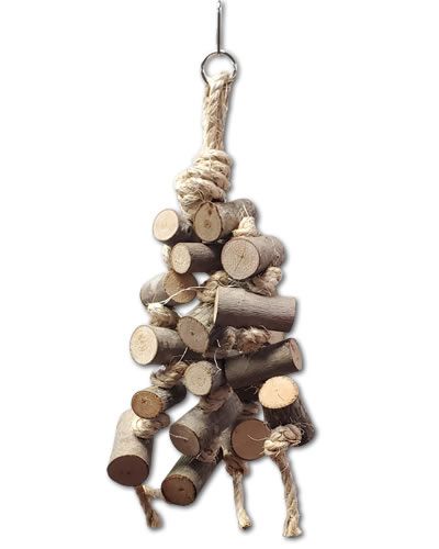 Vibrant bird toy with natural wood and knotted sisal, featuring a chewable cluster design for caiques and similar birds.