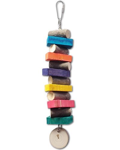 Vibrant bird toy featuring natural and colored wood blocks of maple, ash, or poplar, strung on a durable chain for chewing fun.