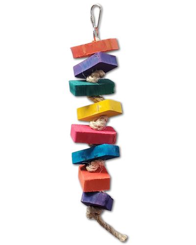 Vibrant sisal rope bird toy with colorful 2.5-inch wooden squares, knotted for medium birds to chew and play.