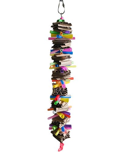 Colorful Straw Stack bird toy with corrugated paper, plastic straws, and a charming bottom accent, perfect for small birds.