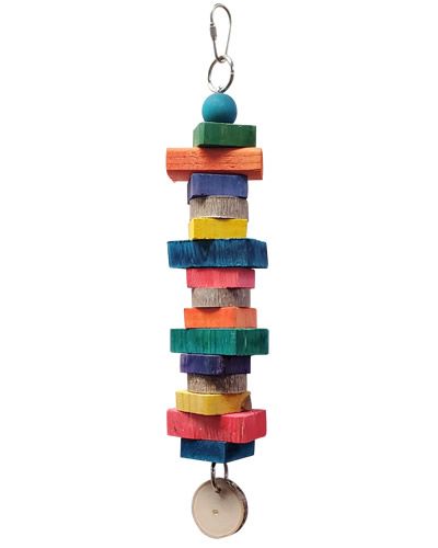 Vibrant bird toy with natural wood slices and colorful blocks on a sturdy chain, perfect for African Greys and Cockatoos.