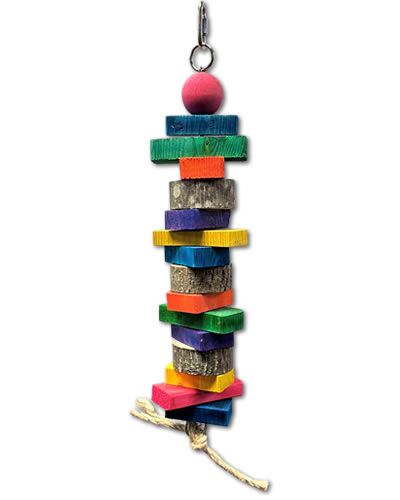 Vibrant bird toy featuring colorful wood slats, natural log slices, and a sturdy chain with knotted sisal rope for playful pecking.