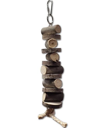 Natural wood bird toy with sliced logs of maple, ash, or poplar on a chain, featuring a sisal rope for chewing fun.