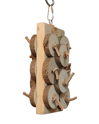 Natural wood log slices from maple, ash, or poplar, knotted with leather lace, forming a large bird toy for conures and similar birds.