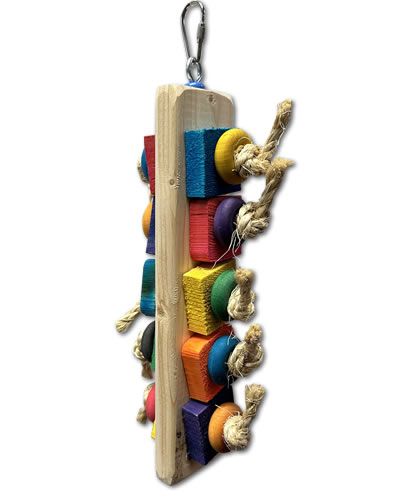 Vibrant bird toy with colorful wood slices and wheels, knotted on sisal rope, perfect for medium-sized birds to play with.