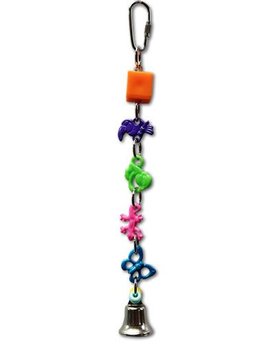 Colorful bird toy with plastic flying animals, vibrant beads, and a shiny bell, perfect for Cockatiels and Parakeets.