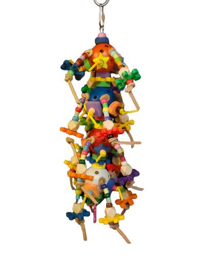 Vibrant Star Destroyer bird toy with colorful plastic, leather, foam shapes, and wood beads, perfect for playful conures.