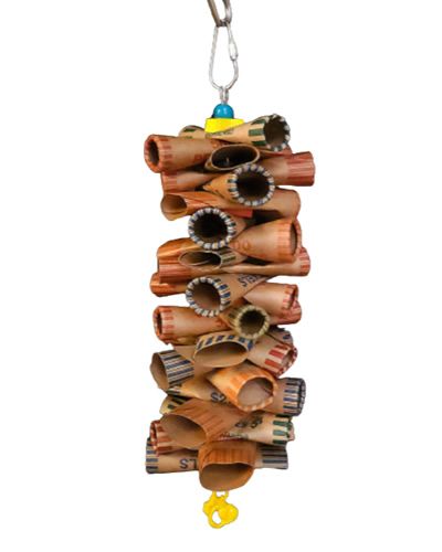 Colorful Money Rolls bird toy with stacked coin wrappers and foam shapes, perfect for medium birds to explore and play.