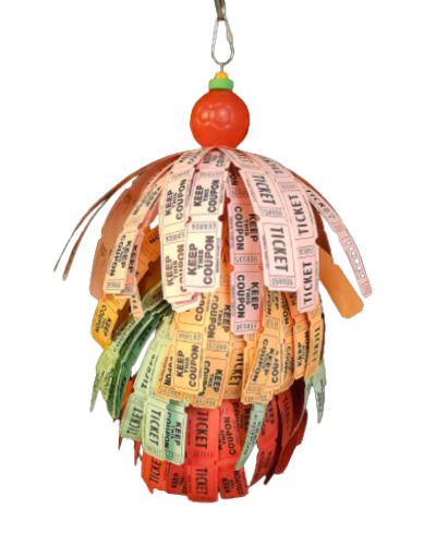 Colorful Ticket Blastoff bird toy with shreddable ticket strips and plastic balls, perfect for medium-sized birds to enjoy.
