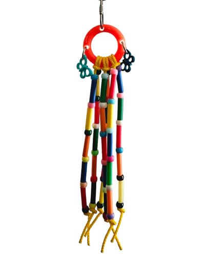 Vibrant bird toy with colorful plastic straws, polly rope, and charming animal beads, perfect for small feathered pals.