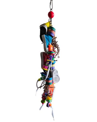 Colorful bird toy with mini sneakers, crinkle paper, and plastic charms hanging on a durable chain, perfect for playful pets.