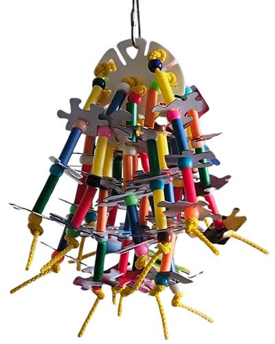 Vibrant bird toy with colorful cardboard puzzle pieces, beads, plastic tubes, and polly rope, perfect for cockatiels.