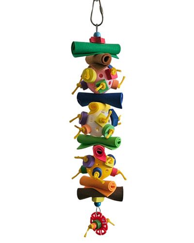 Colorful bird toy with ruffled foam, fun shapes, plastic balls, and cute animal charms, perfect for conures and cockatiels.