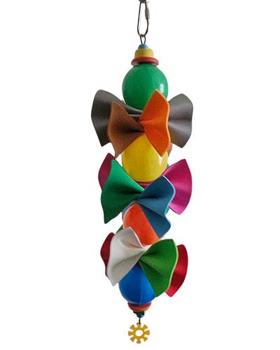 Colorful bird toy featuring ruffled foam and soft plastic balls, designed for medium-sized birds, measuring 14" by 4".