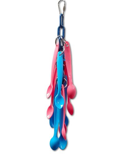 Colorful bird toy with plastic spoons dangling on a plastic chain, offering lots of movement for medium-sized birds.