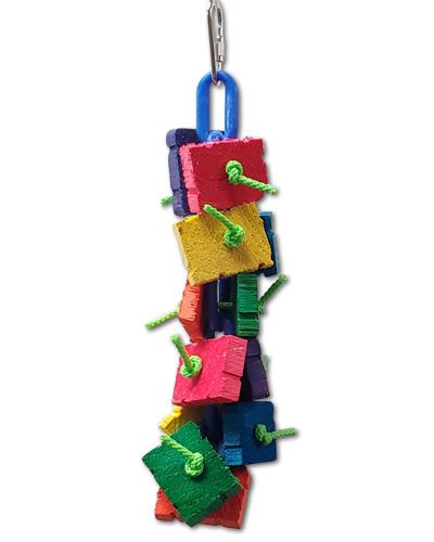 Vibrant bird toy with textured wood, chain, and rope elements, perfect for small to medium birds to chew and explore.