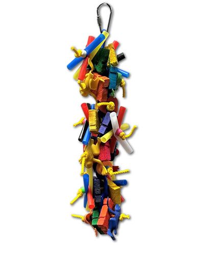 Vibrant Toy 1005-Grasshopper Toys for birds, featuring textured wood, colorful plastic shapes, and sturdy polly rope.