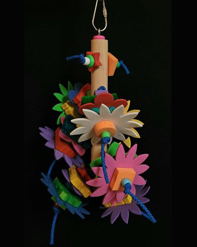 Vibrant Tower of Fun-Grasshopper Toy with a central plastic tube, dangling chain, and colorful foam and wood shapes for birds.