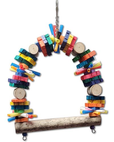 Vibrant Wood Chunk Swing for birds, featuring colorful puzzle pieces, foam beads, and natural wood logs for chewing fun.