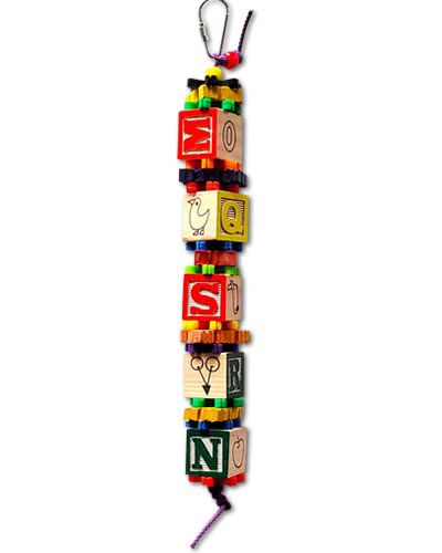 Colorful ABC Puzzle toy for birds with wooden blocks, plastic stars, beads, and puzzle pieces strung on sturdy rope.