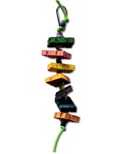 Vibrant bird toy with wooden puzzle pieces, colorful beads, and textured rope, perfect for small birds to chew and play.