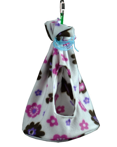 Cozy medium fleece teepee for birds, featuring a cute design with a plastic bottom and a 2-inch opening for easy access.