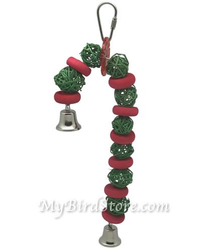 Colorful vine ball candy cane bird toy with wooden beads and jingling bells, perfect for conures and cockatiels to play.