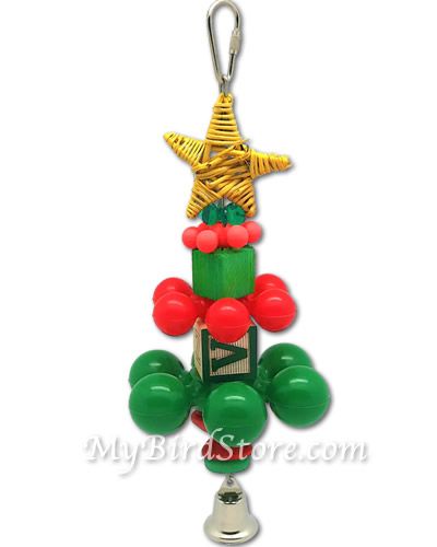 Vibrant plastic Christmas tree bird toy with colorful wood blocks, sturdy plastic links, and a shiny bell at the base.