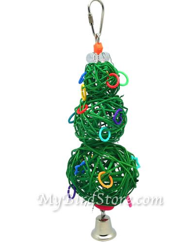 Charming vine ball Christmas tree bird toy with three treat-stuffable balls, perfect for conures and cockatiels to enjoy.