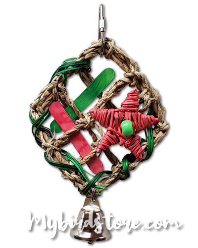Charming Seagrass Holiday Wreath, handcrafted in the USA, featuring a vine star, popsicle sticks, and a festive bell.