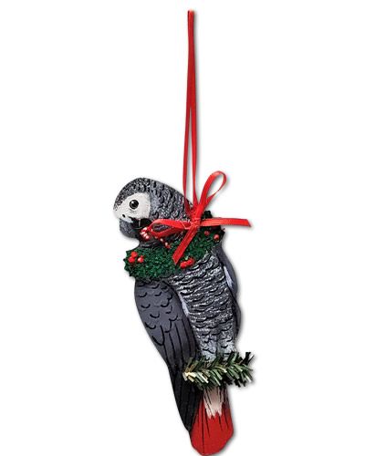 Charming handmade Christmas ornament shaped like an African Grey parrot, perfect for holiday decor with intricate details.