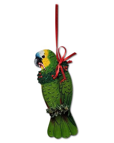 Charming handmade Blue Fronted Amazon Christmas ornament in vibrant blue and green, perfect for holiday decor.