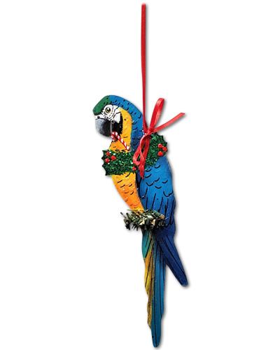 Vibrant Blue & Gold Macaw ornament with intricate feather details, handcrafted for a festive Christmas tree display.