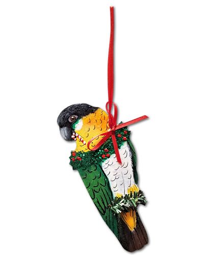 Charming handmade Christmas ornament featuring a vibrant Black-headed Caique bird design, perfect for holiday decor.