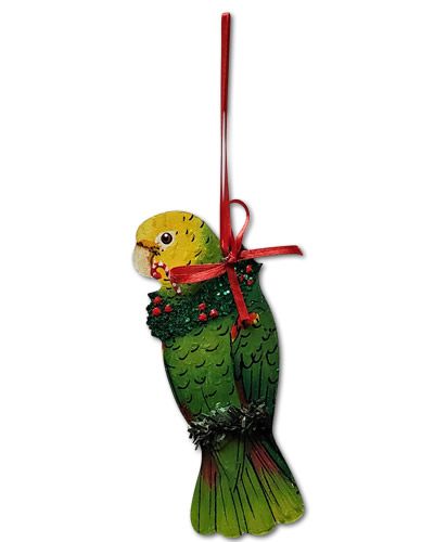 Handcrafted Double Yellow Amazon bird ornament, showcasing vibrant yellow feathers on a festive Christmas design.