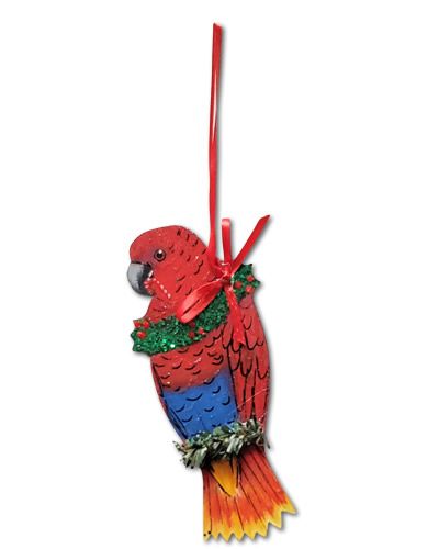 Delicate handmade Female Eclectus ornament with vibrant red and blue feathers, perfect for bird lovers' decor.