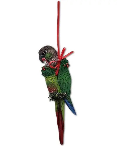 Charming handmade Green Cheek Conure ornament with vibrant green feathers and intricate details, perfect for bird lovers.