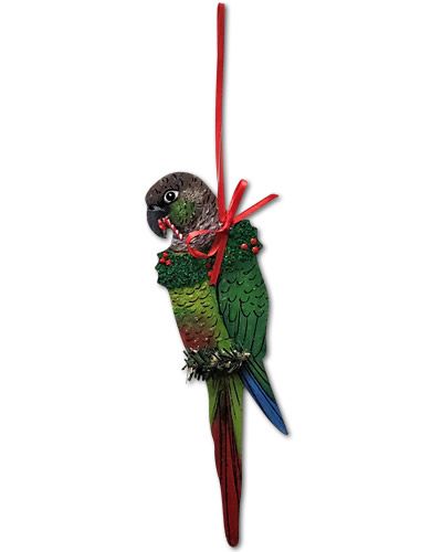 Charming handmade Green Cheek Conure ornament with vibrant green feathers and intricate details, perfect for bird lovers.
