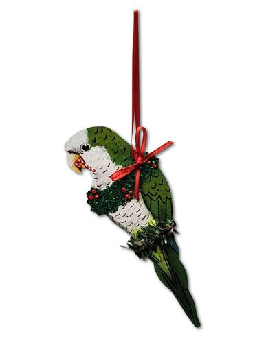 Vibrant green Quaker bird ornament with detailed feathers, perfect for holiday decor or bird lovers' collections.