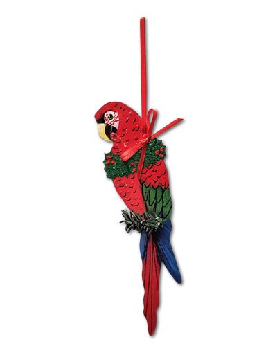 Vibrant Green Winged Macaw ornament with striking red and blue feathers, perfect for bird lovers' decor.