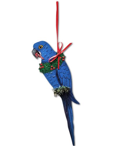 Vibrant Hyacinth Macaw ornament with stunning blue feathers and intricate handmade details, perfect for bird lovers.