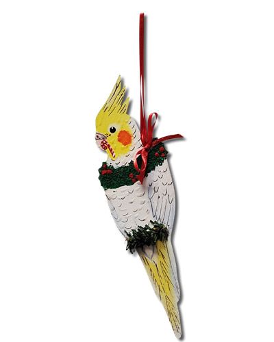 Delicate handmade Lutino Cockatiel ornament with vibrant yellow feathers and a charming crest, perfect for bird lovers.