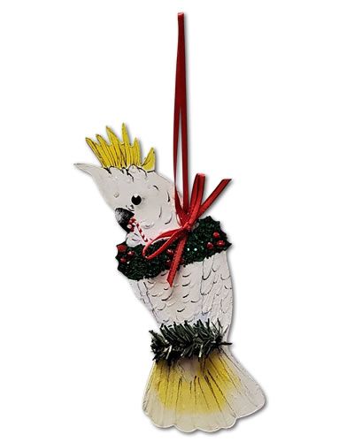 Charming Lesser Sulfur Cockatoo ornament with vibrant yellow crest and detailed white feathers, perfect for bird lovers.