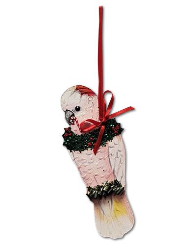 Charming Moluccan Cockatoo ornament with vibrant pink and white feathers, perfect for bird lovers’ holiday decor.