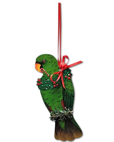 Detailed handmade Male Eclectus ornament with vibrant red and blue feathers, perfect for bird lovers' decor.
