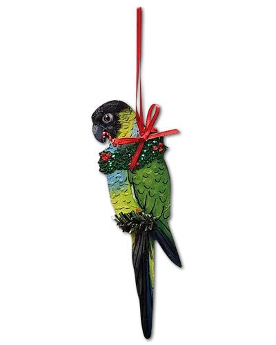Charming Nanday Conure ornament featuring vibrant green feathers and a playful pose, perfect for bird lovers' decor.