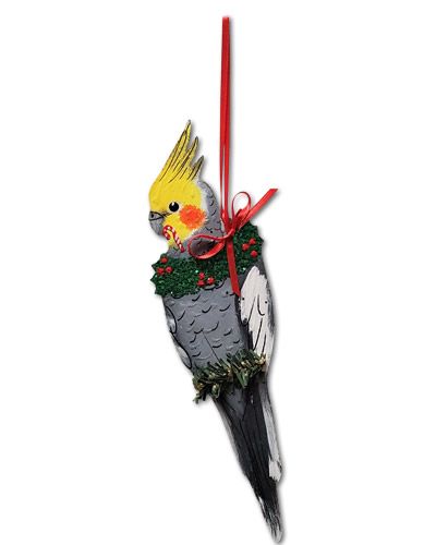Charming handmade grey cockatiel ornament with detailed feathers and a lifelike pose, perfect for bird lovers' decor.