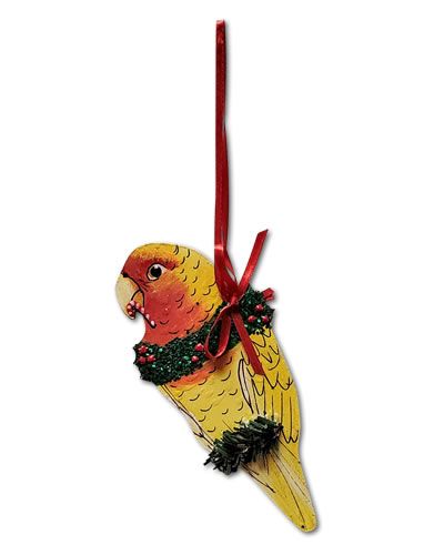 Vibrant Orange Faced Lutino Lovebird ornament with bright feathers and a charming pose, perfect for bird lovers.